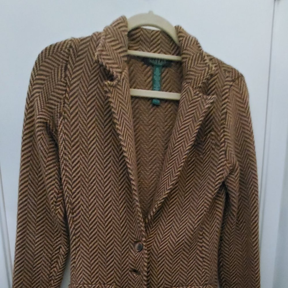 Ralph Lauren petite size small brown houndstooth long blazer-look sweater coat